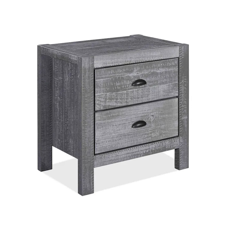 Solid Pine Wood 2-Drawer Nightstand with Rustic Distressed Finish