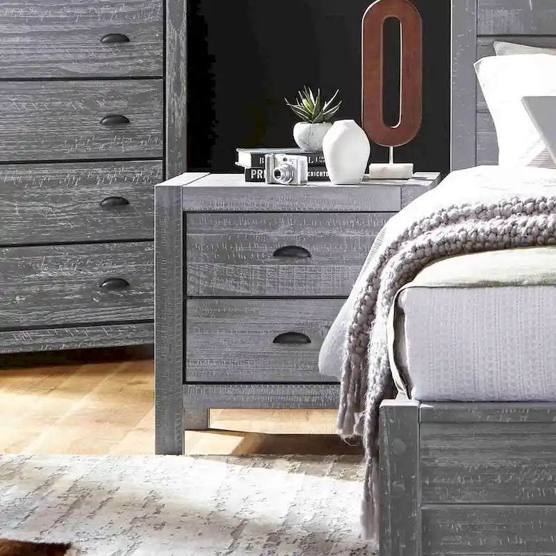Solid Pine Wood 2-Drawer Nightstand with Rustic Distressed Finish