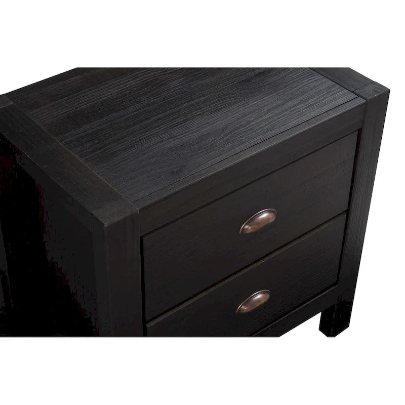Solid Pine Wood 2-Drawer Nightstand with Rustic Distressed Finish
