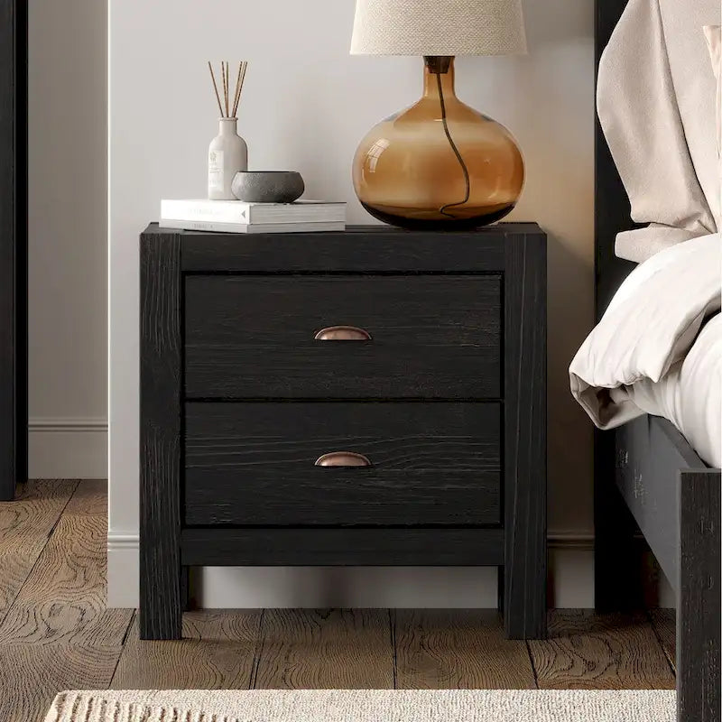 Solid Pine Wood 2-Drawer Nightstand with Rustic Distressed Finish