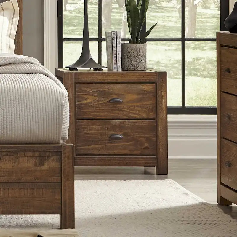 Solid Pine Wood 2-Drawer Nightstand with Rustic Distressed Finish
