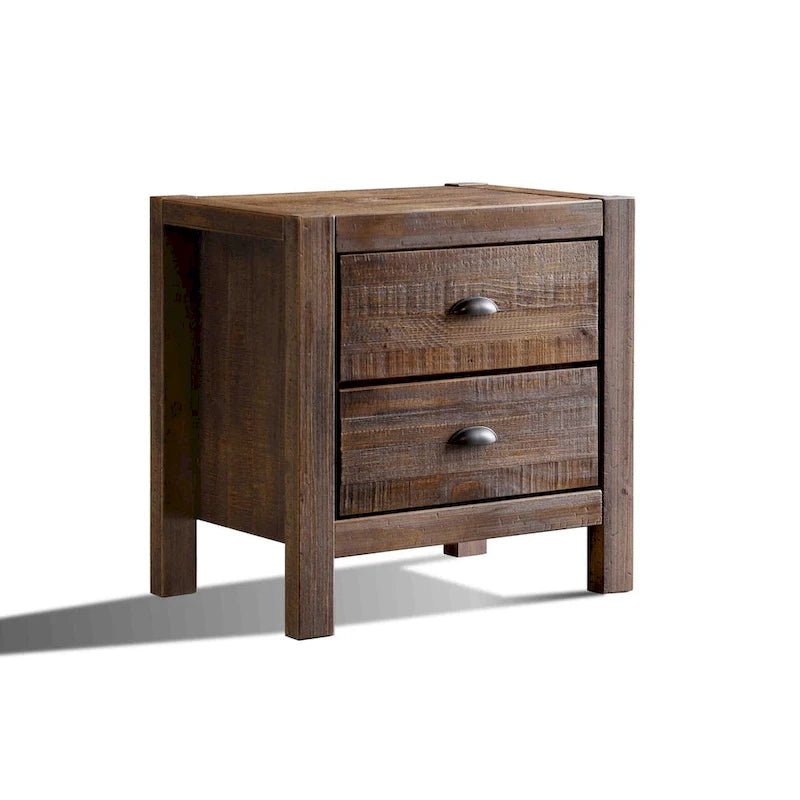 Solid Pine Wood 2-Drawer Nightstand with Rustic Distressed Finish