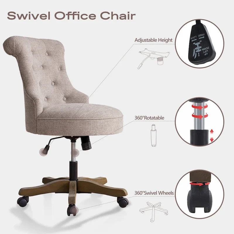Office Chair with Wheels, Adjustable Height, Linen Fabric Upholstered Computer Desk Chair Swivel