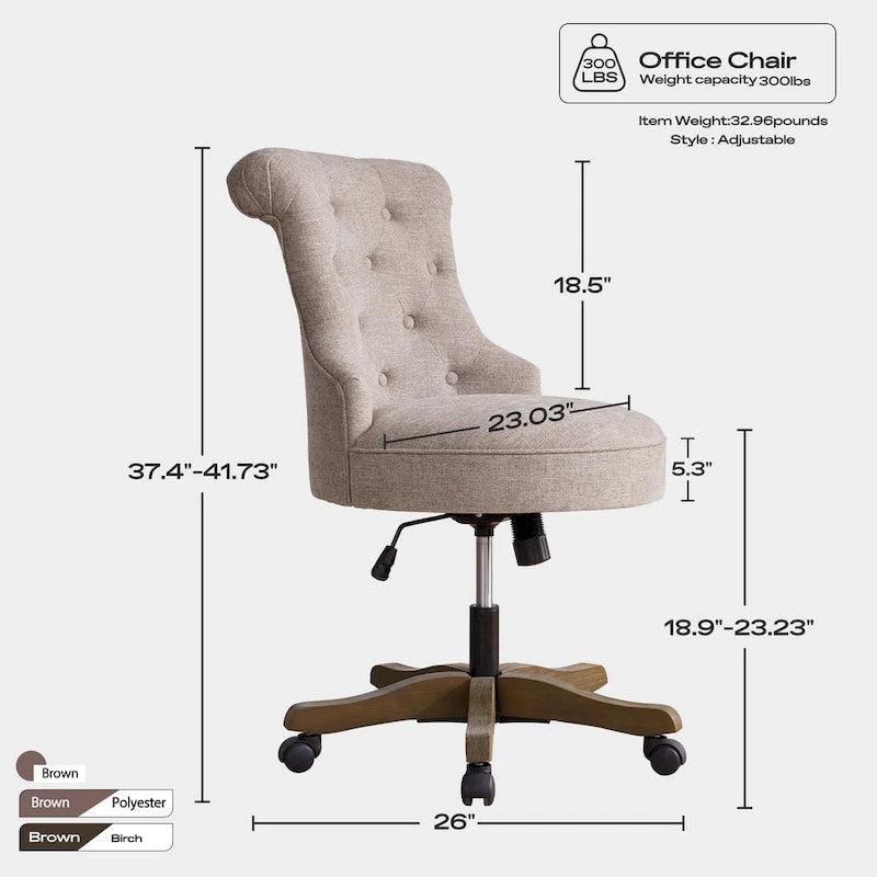 Office Chair with Wheels, Adjustable Height, Linen Fabric Upholstered Computer Desk Chair Swivel