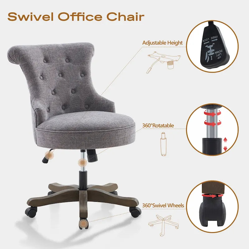 Office Chair with Wheels, Adjustable Height, Linen Fabric Upholstered Computer Desk Chair Swivel