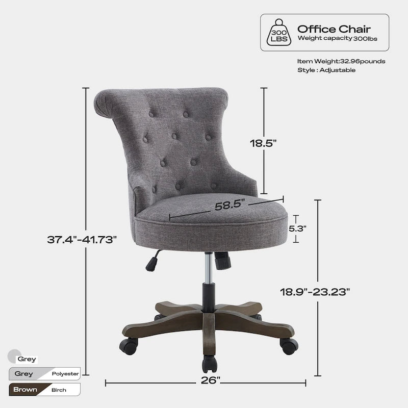 Office Chair with Wheels, Adjustable Height, Linen Fabric Upholstered Computer Desk Chair Swivel