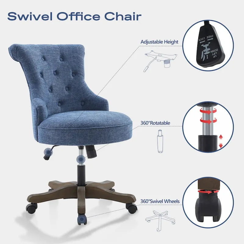 Office Chair with Wheels, Adjustable Height, Linen Fabric Upholstered Computer Desk Chair Swivel