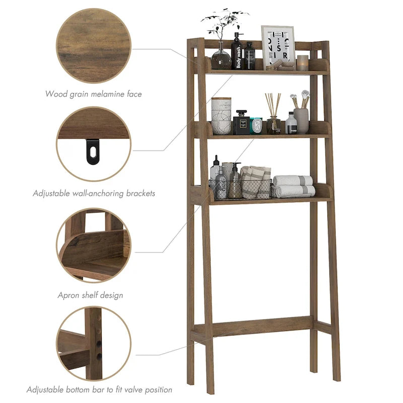 3-Shelf Bathroom Organizer Over Toilet Storage Rack Brown White Grey