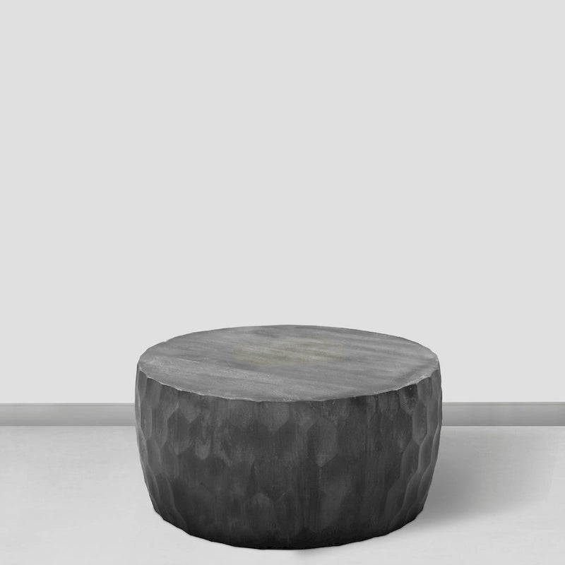 33 Inch Wooden Round Drum Coffee Table with Geometric Carved Pattern, Gray