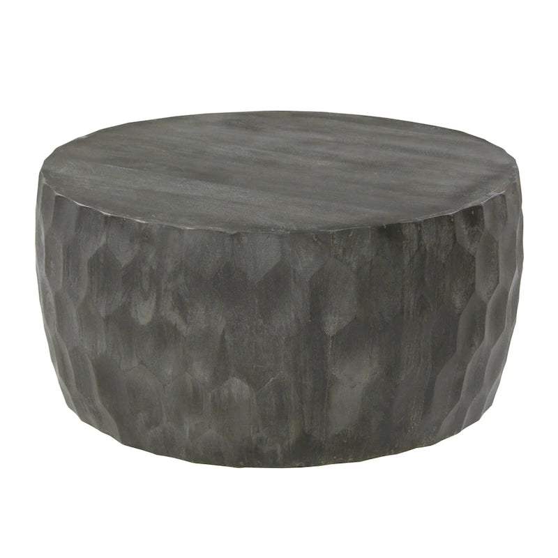 Round Drum Coffee Table Geometric Carved Honeycomb Pattern Rustic Gray Finish