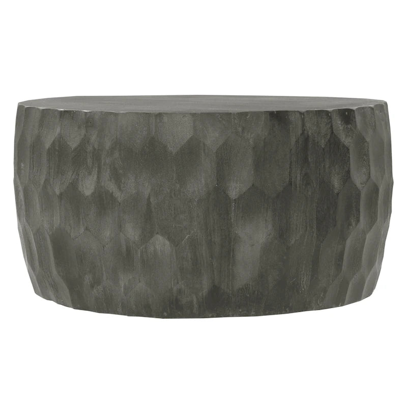 Round Drum Coffee Table Geometric Carved Honeycomb Pattern Rustic Gray Finish