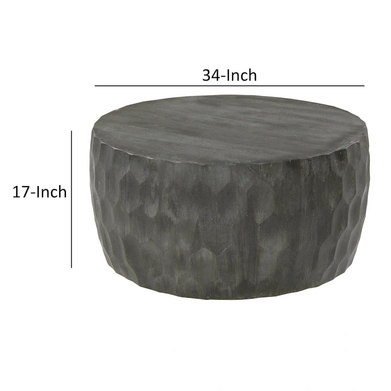 Round Drum Coffee Table Geometric Carved Honeycomb Pattern Rustic Gray Finish