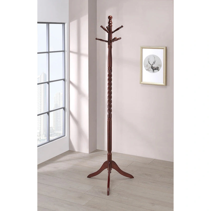 Merlot Twisted Post Standing Coat Rack with Multiple Hooks Rubberwood