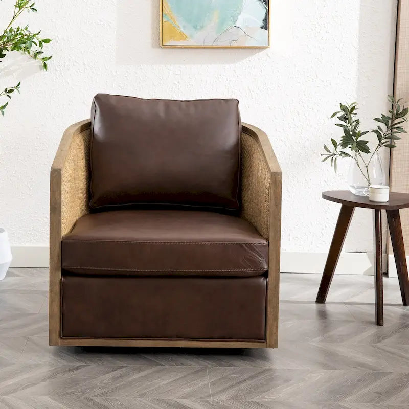 360 Swivel Round Barrel Accent Chair Boucle Leather Upholstered Brown Beige Grey