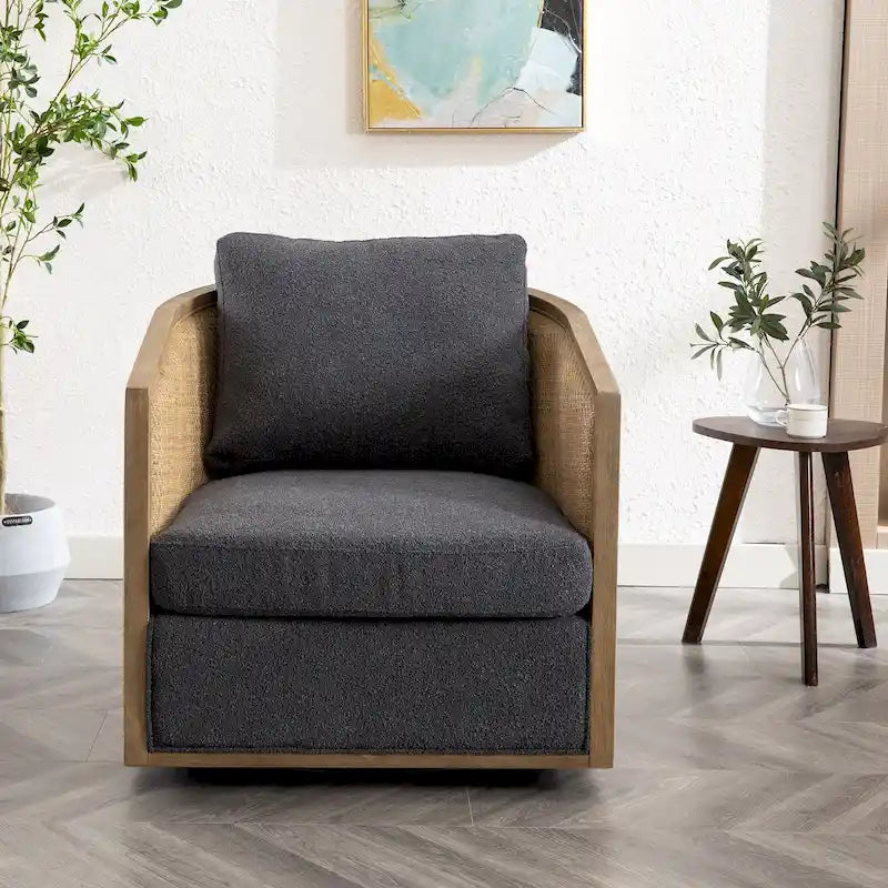 360 Swivel Round Barrel Accent Chair Boucle Leather Upholstered Brown Beige Grey