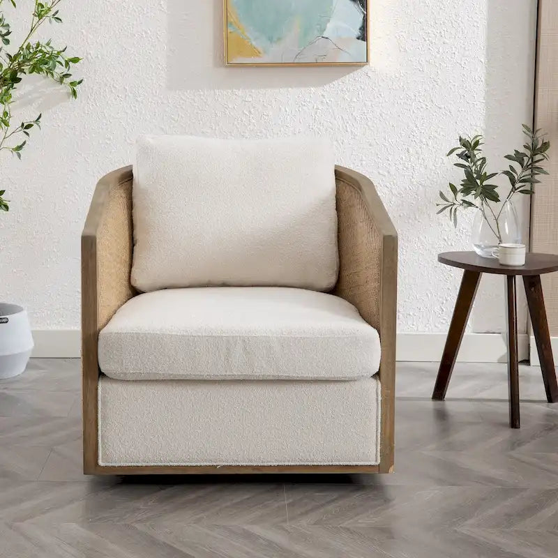 360 Swivel Round Barrel Accent Chair Boucle Leather Upholstered Brown Beige Grey