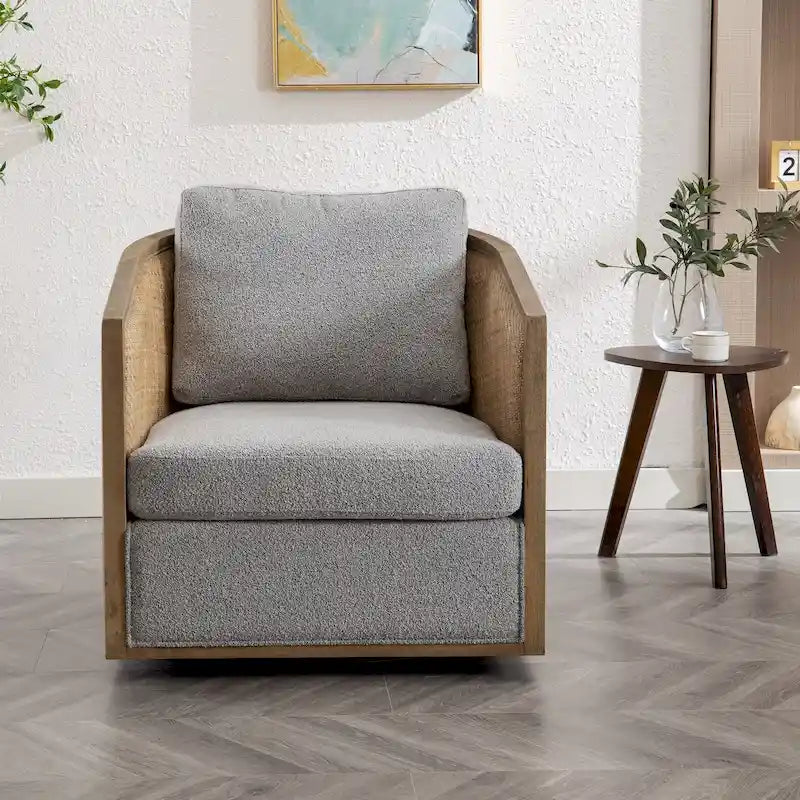 360 Swivel Round Barrel Accent Chair Boucle Leather Upholstered Brown Beige Grey