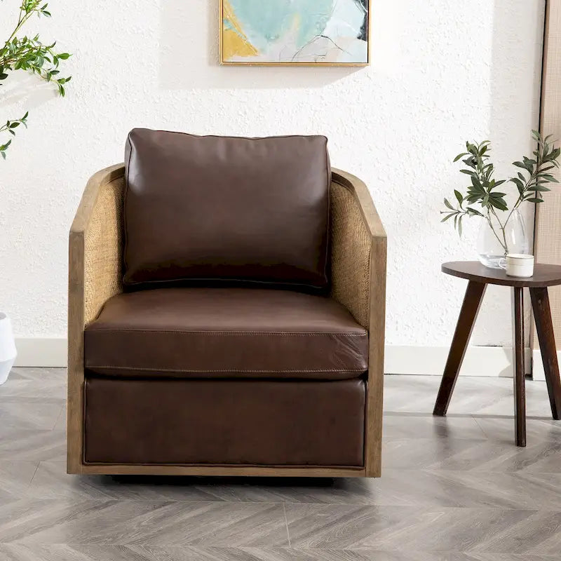360 Swivel Round Barrel Accent Chair Boucle Leather Upholstered Brown Beige Grey
