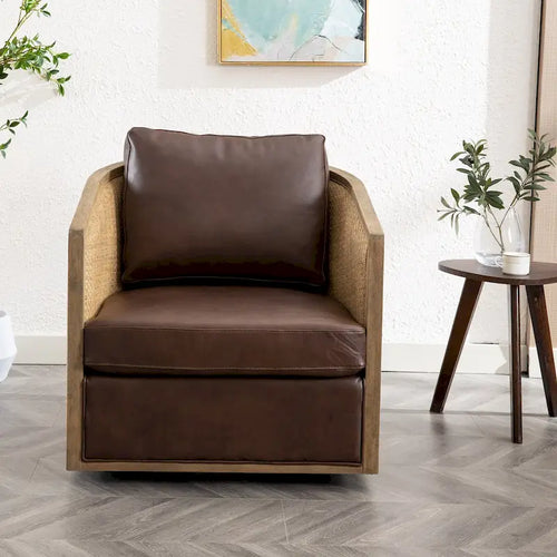 360 Swivel Round Barrel Accent Chair Boucle Leather Upholstered Brown Beige Grey