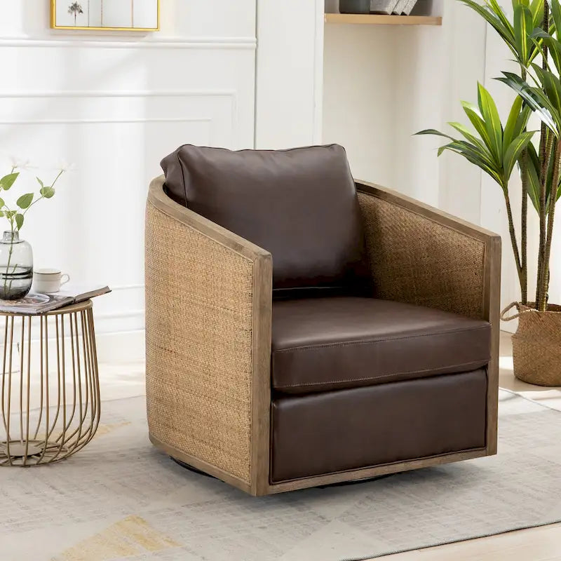 360 Swivel Round Barrel Accent Chair Boucle Leather Upholstered Brown Beige Grey