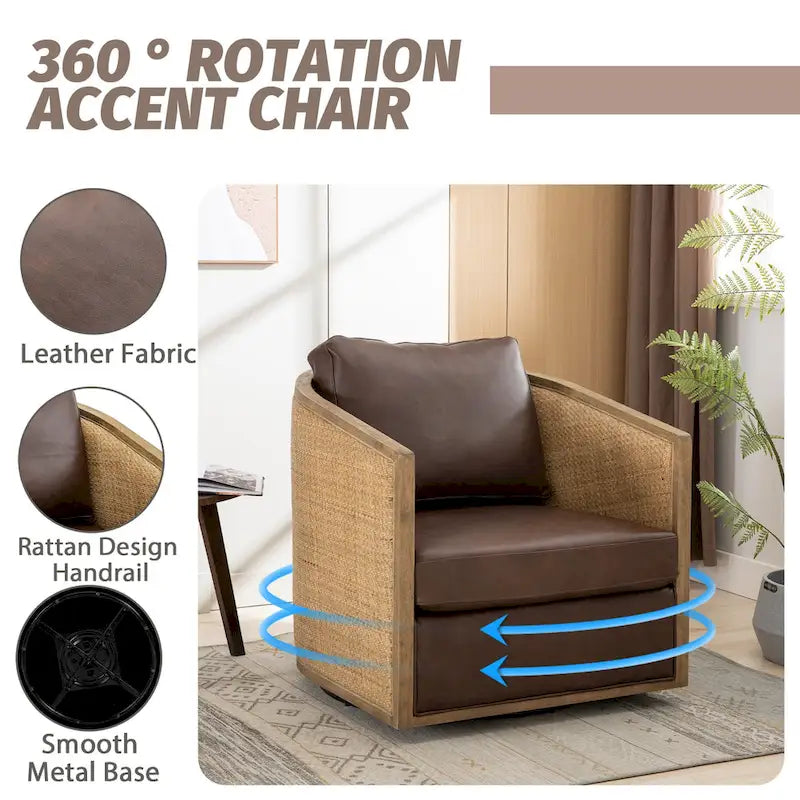360 Swivel Round Barrel Accent Chair Boucle Leather Upholstered Brown Beige Grey