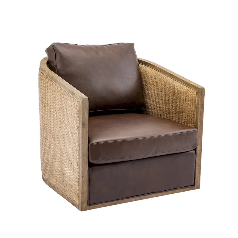 360 Swivel Round Barrel Accent Chair Boucle Leather Upholstered Brown Beige Grey
