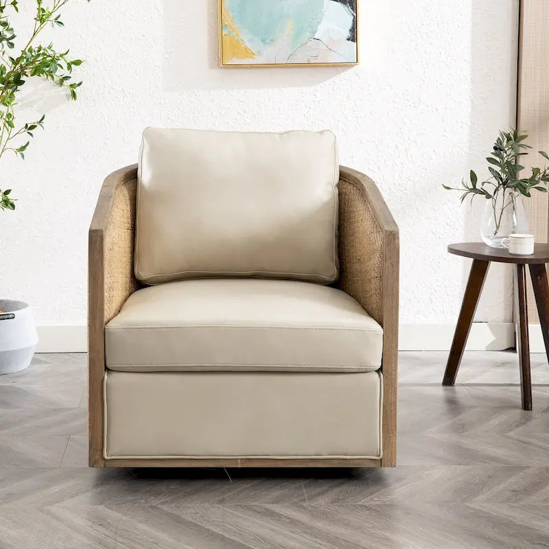 360 Swivel Round Barrel Accent Chair Boucle Leather Upholstered Brown Beige Grey
