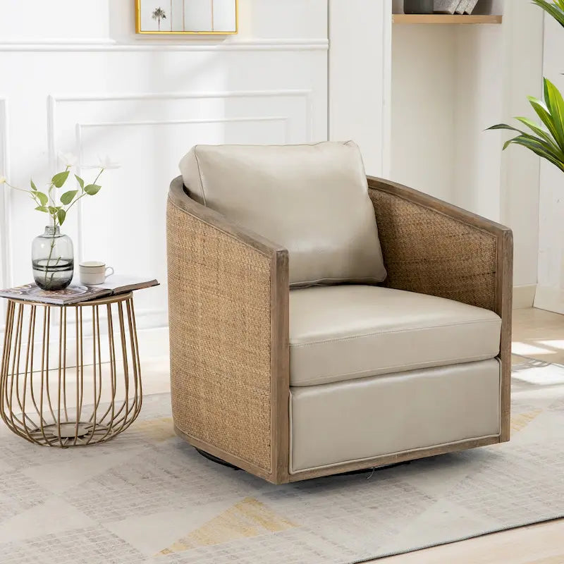 360 Swivel Round Barrel Accent Chair Boucle Leather Upholstered Brown Beige Grey