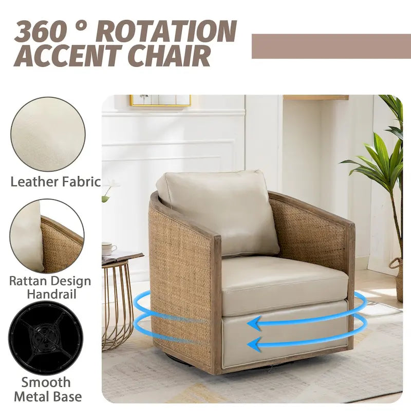 360 Swivel Round Barrel Accent Chair Boucle Leather Upholstered Brown Beige Grey