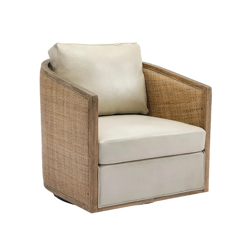 360 Swivel Round Barrel Accent Chair Boucle Leather Upholstered Brown Beige Grey