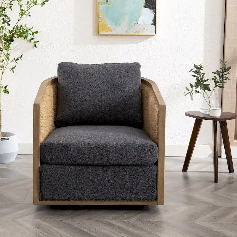 360 Swivel Round Barrel Accent Chair Boucle Leather Upholstered Brown Beige Grey