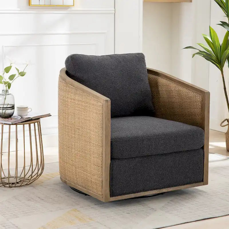360 Swivel Round Barrel Accent Chair Boucle Leather Upholstered Brown Beige Grey