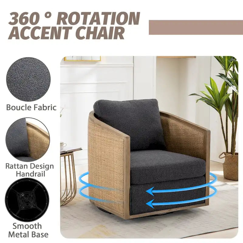 360 Swivel Round Barrel Accent Chair Boucle Leather Upholstered Brown Beige Grey