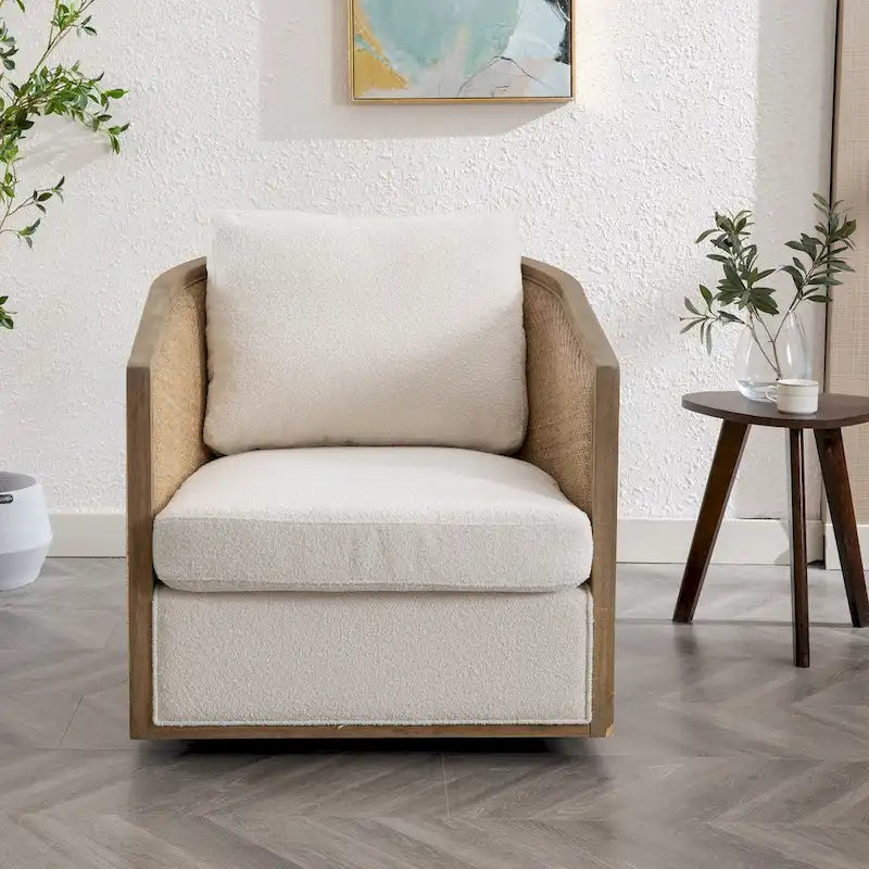 360 Swivel Round Barrel Accent Chair Boucle Leather Upholstered Brown Beige Grey