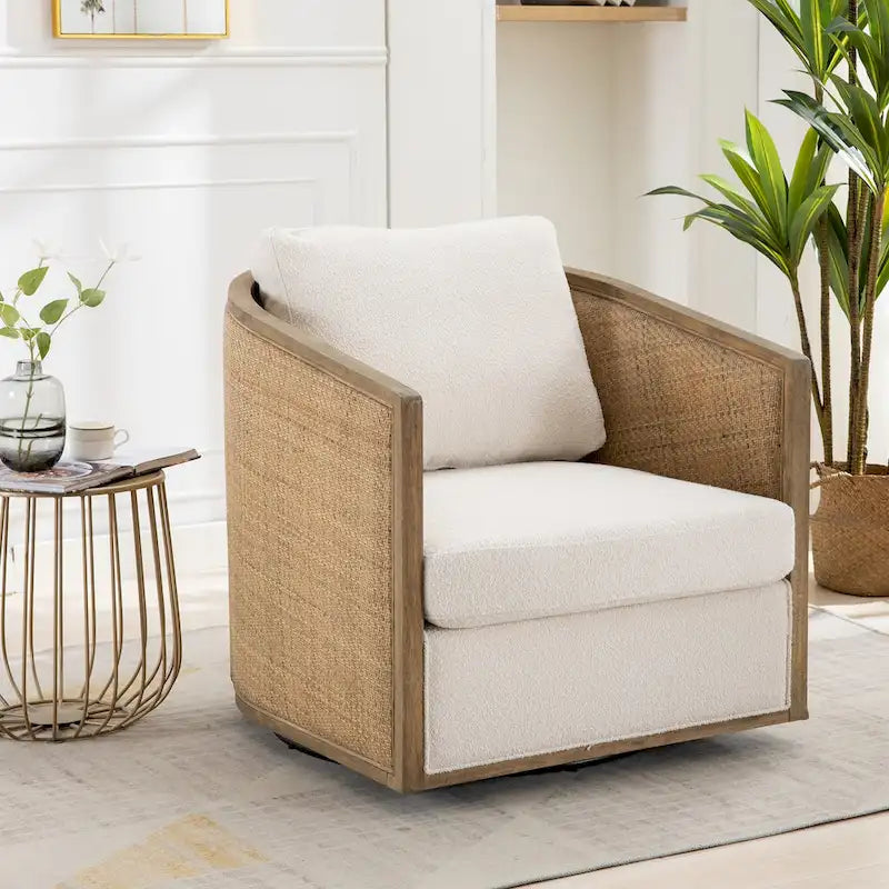 360 Swivel Round Barrel Accent Chair Boucle Leather Upholstered Brown Beige Grey