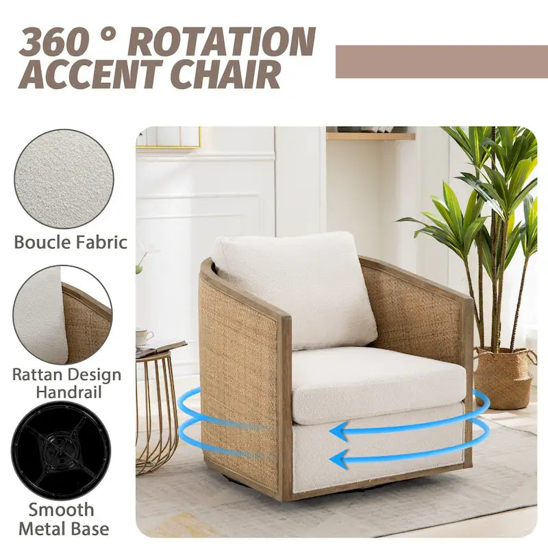 360 Swivel Round Barrel Accent Chair Boucle Leather Upholstered Brown Beige Grey