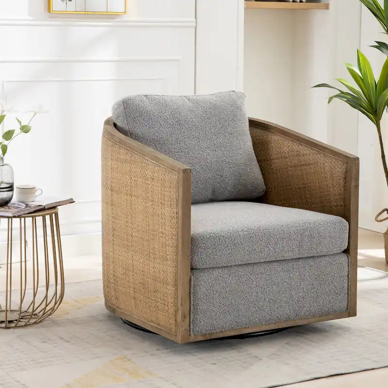 360 Swivel Round Barrel Accent Chair Boucle Leather Upholstered Brown Beige Grey