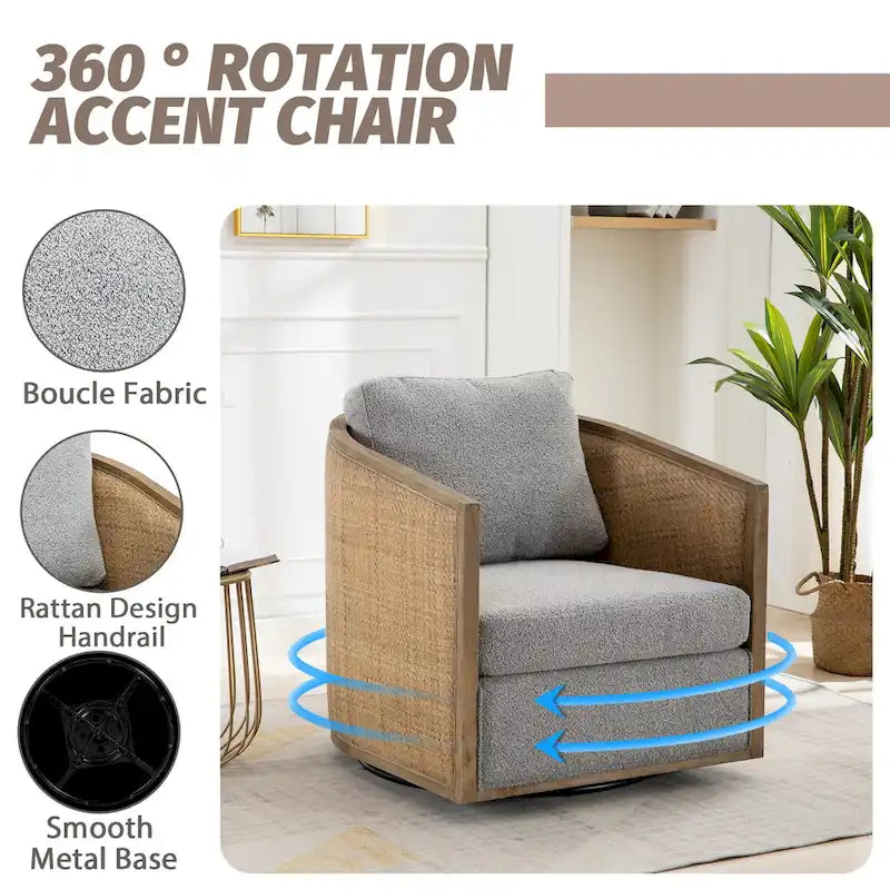 360 Swivel Round Barrel Accent Chair Boucle Leather Upholstered Brown Beige Grey