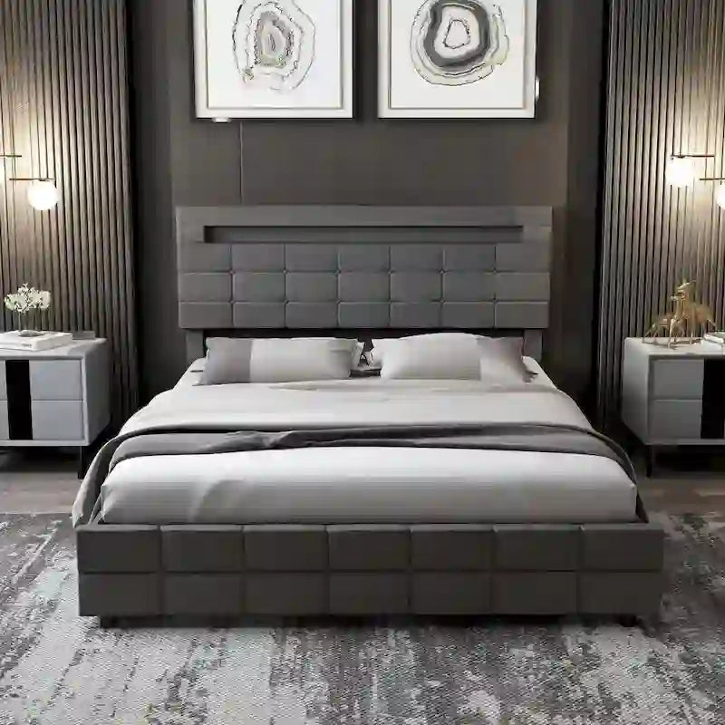 Grey Upholstered Queen Bed Frame with Storage Drawers and LED Headboard Lights