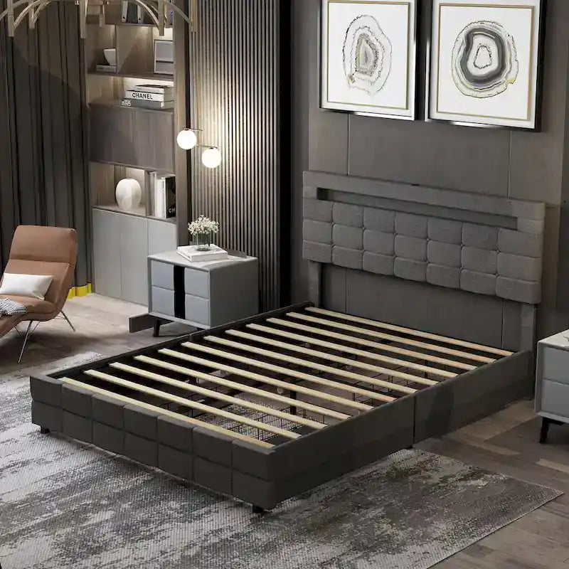 Grey Upholstered Queen Bed Frame with Storage Drawers and LED Headboard Lights