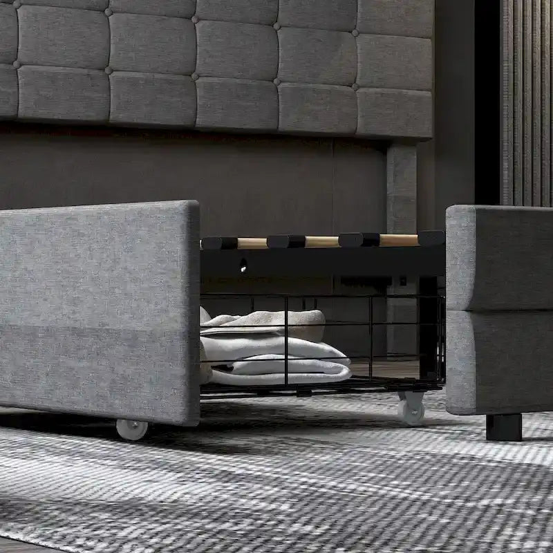 Grey Upholstered Queen Bed Frame with Storage Drawers and LED Headboard Lights