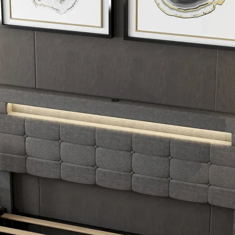 Grey Upholstered Queen Bed Frame with Storage Drawers and LED Headboard Lights