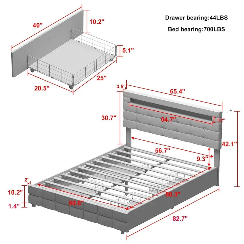 Grey Upholstered Queen Bed Frame with Storage Drawers and LED Headboard Lights