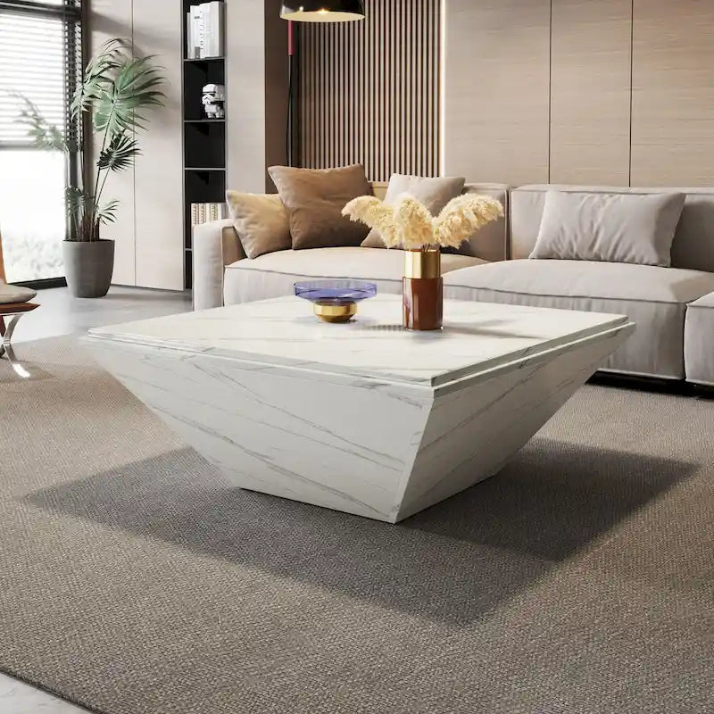35.43-Inch Square Coffee Table for Living Room, White Modern Center Table with Faux Marble Top