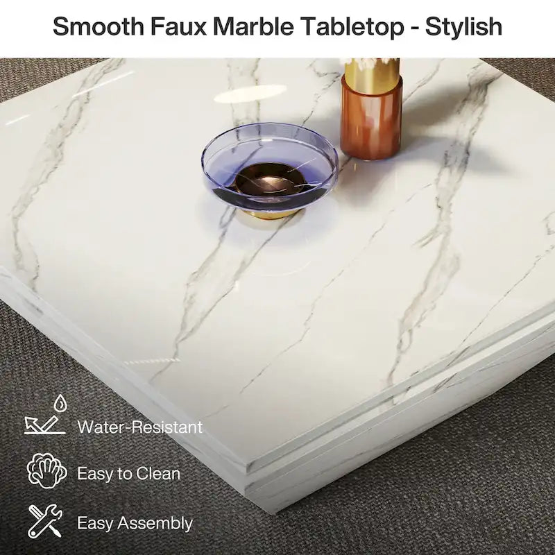 35.43-Inch Square Coffee Table for Living Room, White Modern Center Table with Faux Marble Top