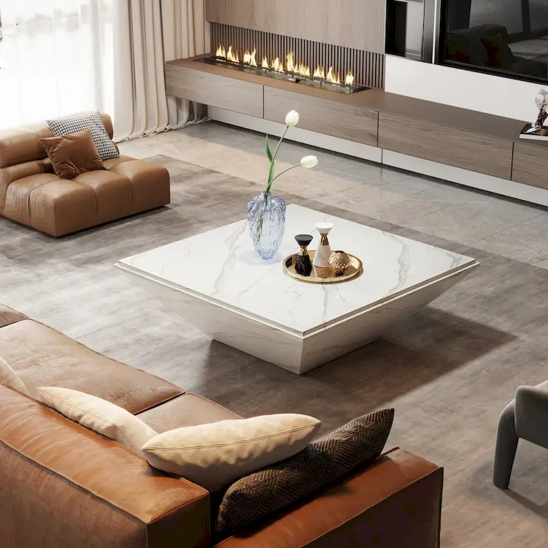35.43-Inch Square Coffee Table for Living Room, White Modern Center Table with Faux Marble Top