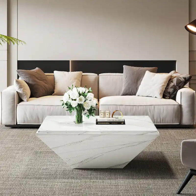35.43-Inch Square Coffee Table for Living Room, White Modern Center Table with Faux Marble Top