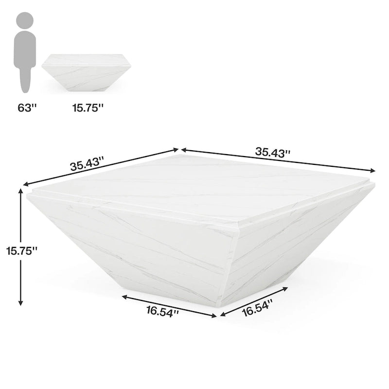 35.43-Inch Square Coffee Table for Living Room, White Modern Center Table with Faux Marble Top