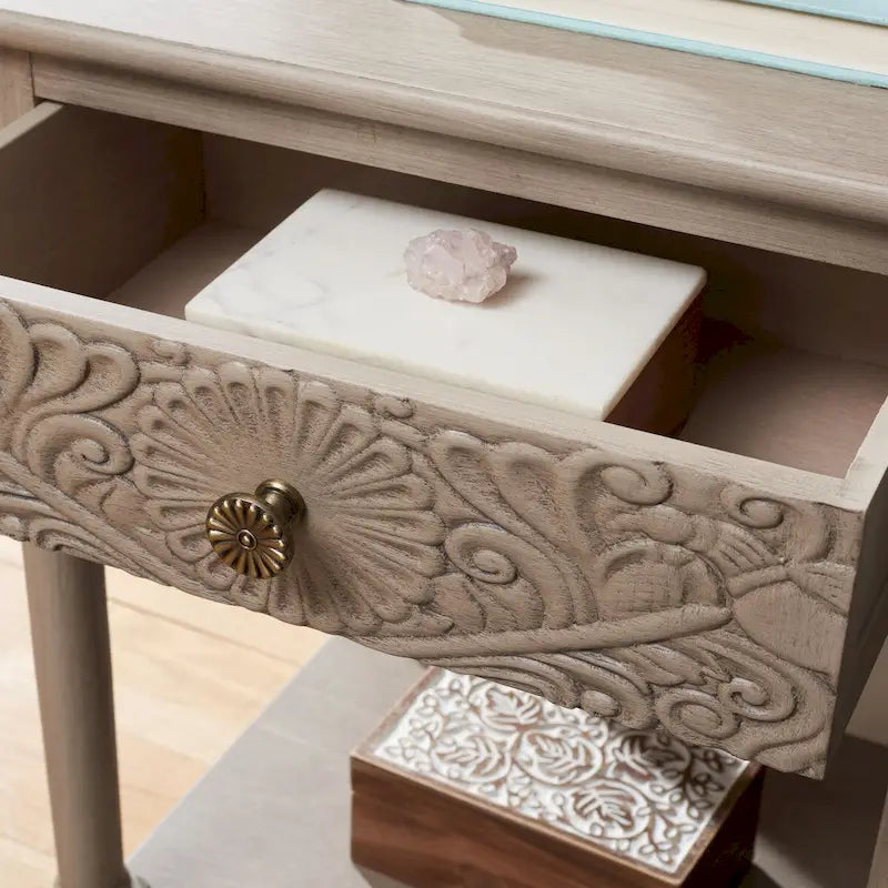 Single Drawer Carved Floral Accent Side Table Distressed Vintage Style