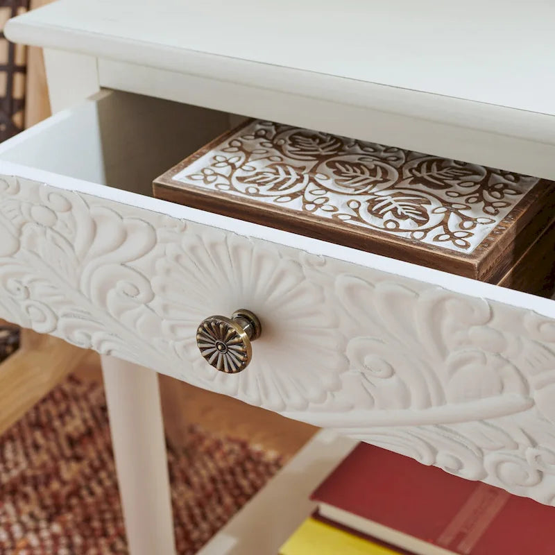 Single Drawer Carved Floral Accent Side Table Distressed Vintage Style